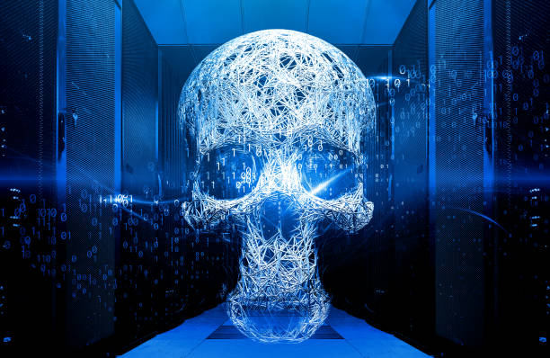 istock Shot of Corridor in Working Data Center Full of Rack Servers and Supercomputers with High Danger Skull Icon Visualisation. 3D Illustration 1144148048