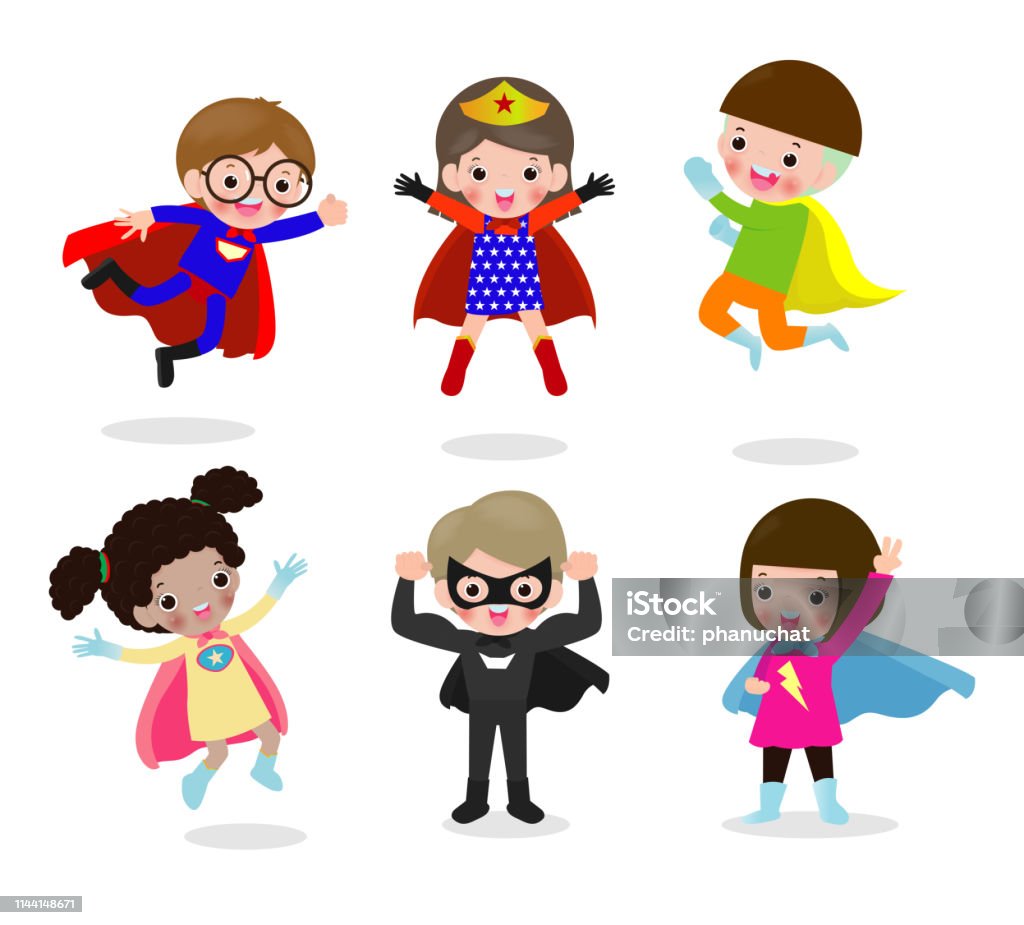 Ilustración de Conjunto De Dibujos Animados De Niños Superhéroes Con Trajes  De Cómics Niños Con Trajes De Super Héroe Set Niño En Personajes De Disfraz  De Superhéroe Aislados En Fondo Blanco Lindo