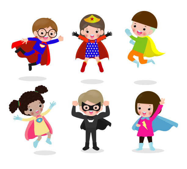 illustrations, cliparts, dessins animés et icônes de ensemble de bande dessinée de kids superheroes portant des costumes de comics, enfants avec super héros costumes ensemble, enfant en costume de super héros caractères isolés sur fond blanc, mignon petit super héros enfants - superhero child creativity little boys