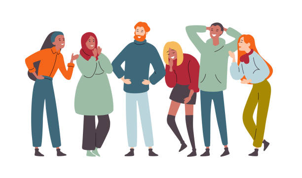 ilustraciones, imágenes clip art, dibujos animados e iconos de stock de grupo de diversas personas felices muti-étnicas, riendo y alegres juntos. - friends laughing