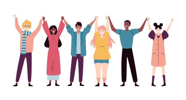 Happy young people standing together and holding hands Happy young people standing together and holding hands arms raised illustrations stock illustrations