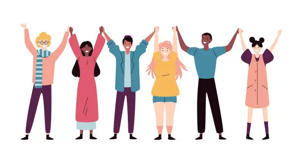 Vector illustration of Happy young people standing together and holding hands