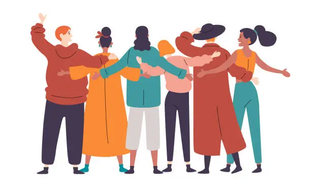 Vector illustration of Group of diverse happy people standing together Rear view.