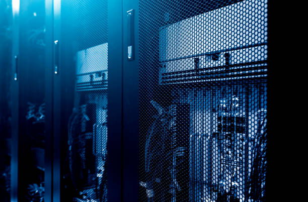 istock Modern server rack cluster under meshed door in big data centre with blue neon toning. Close up. Internet provider control. Technology futuristic concept 1144149603