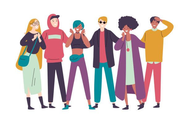 Group of diverse happy people muti-ethnic standing together. Group of diverse happy people muti-ethnic standing together. adolescence illustrations stock illustrations