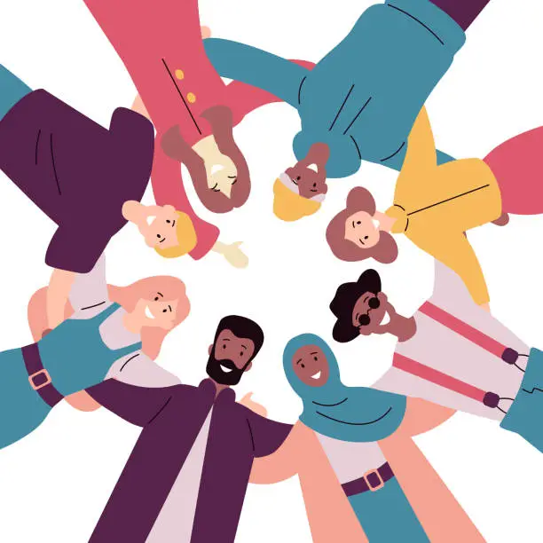 Vector illustration of Group of diverse happy people standing together Low-angle view.