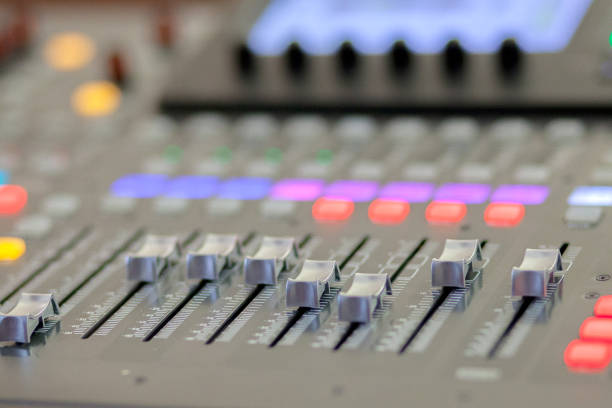 istock Sound recording studio mixing desk. Music mixer control panel 1144150936