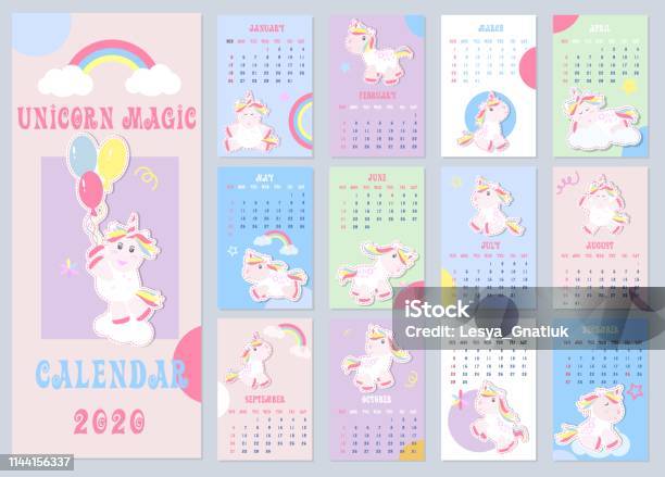 Cute Kids Calendar 2020 With Little Unicorns Kids Calendar Great Design For Any Purposes Stock Illustration - Download Image Now