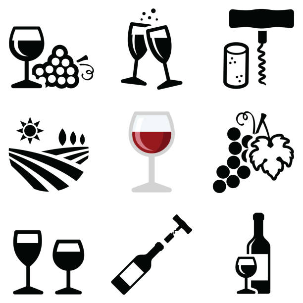 wein-ikone sammlung - champagnerglas stock-grafiken, -clipart, -cartoons und -symbole