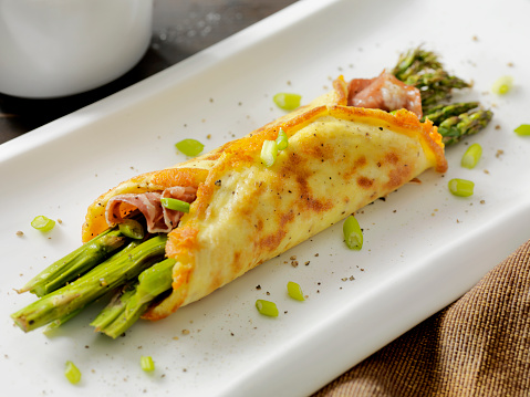 Cheese Omelet Wrap with Roasted Asparagus and Crispy Prosciutto