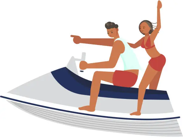 Vector illustration of A young man and woman race on aquabike