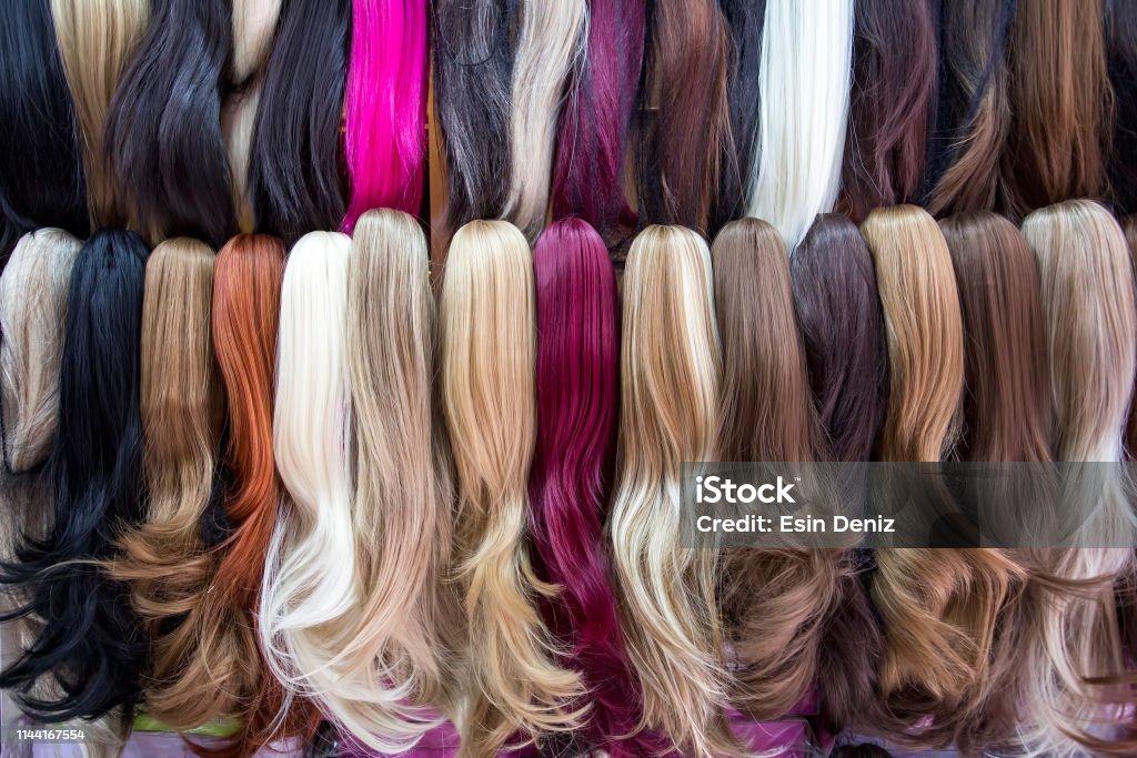 Different Color Human Hair Extensions In Wig Shop Stock Photo - Download  Image Now - Wig, Hair, Hair Extension - iStock