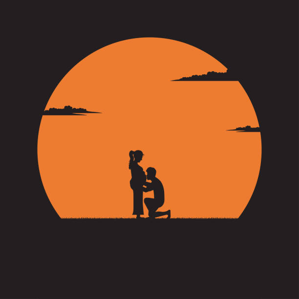 ilustrações de stock, clip art, desenhos animados e ícones de silhouette young man kissing his pregnant wife's belly on sunset background - silhouette kissing park sunset