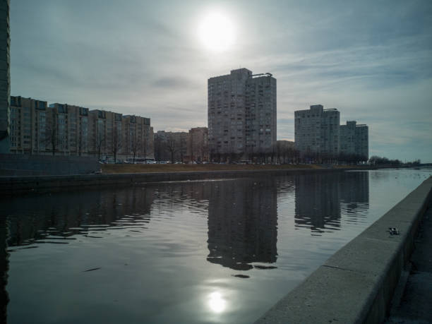 Dusk and dawn over bridge and canals of Saint Petersburg