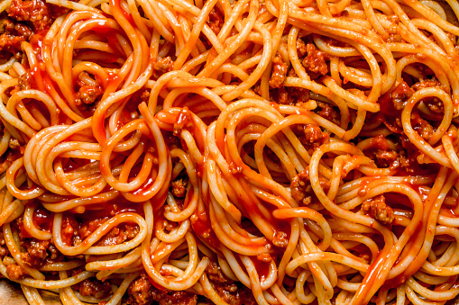Spaghetti with Bolognese sauce. Top view