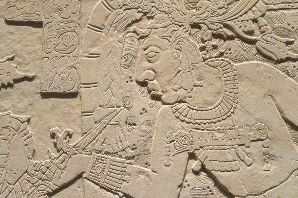Bas-relief stone carving with of a american indian chieftain, pre-Columbian Maya civilization,
