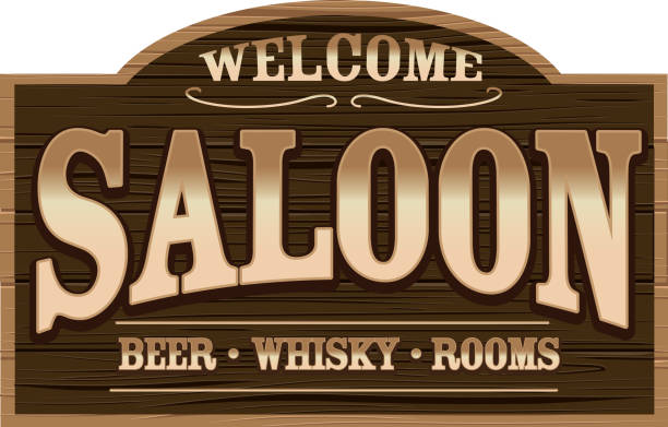 ilustraciones, imágenes clip art, dibujos animados e iconos de stock de letrero de bienvenida de madera para un wild west saloon - saloon