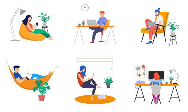 Working at home, coworking space, concept illustration. Young people, man and woman freelancers working at home. Vector flat style illustration Working at home, coworking space, concept illustration. Young people, man and woman freelancers working on laptops and computers at home. Vector flat style illustration hammock stock illustrations