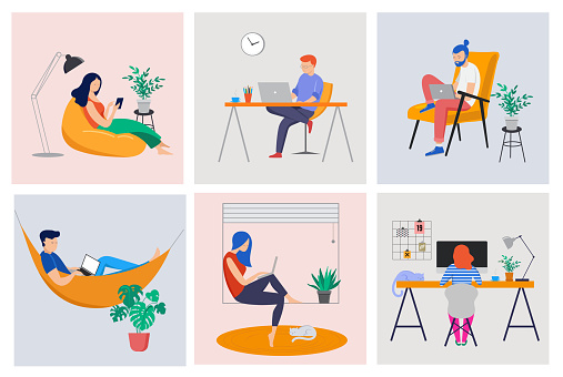Working at home, coworking space, concept illustration. Young people, man and woman freelancers working on laptops and computers at home. Vector flat style illustration