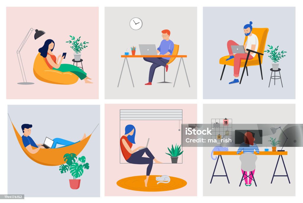 Working at home, coworking space, concept illustration. Young people, man and woman freelancers working at home. Vector flat style illustration Working at home, coworking space, concept illustration. Young people, man and woman freelancers working on laptops and computers at home. Vector flat style illustration Working At Home stock vector