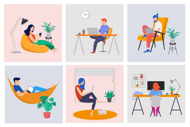 Working at home, coworking space, concept illustration. Young people, man and woman freelancers working at home. Vector flat style illustration Working at home, coworking space, concept illustration. Young people, man and woman freelancers working on laptops and computers at home. Vector flat style illustration styles stock illustrations