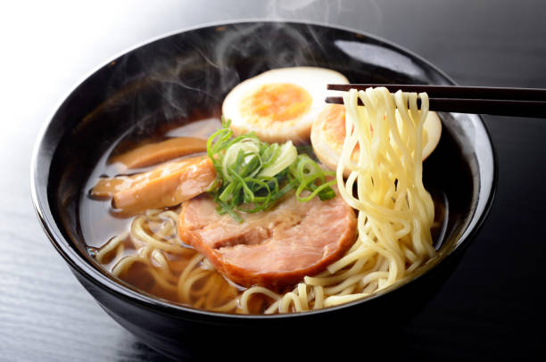 Ramen noodles in soy sauce flavored soup.