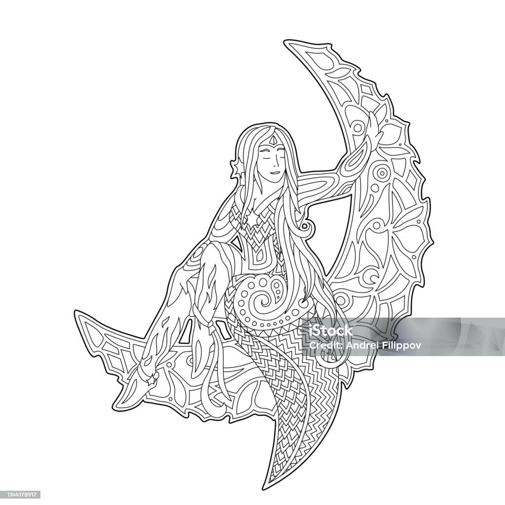 Coloring book page with woman on the moon Romantic isolated on white background monochrome illustration for coloring book with beautiful woman sitting on the moon Astrology Sign stock vector