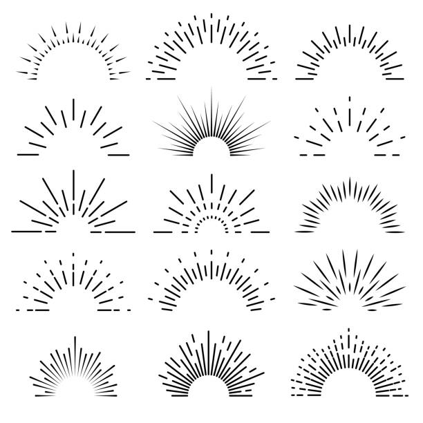 Retro sunburst. Sunrise rays light burst line shine sunshine sunbeam vintage border spark firework starburst banner vector isolated Retro sunburst. Sunrise rays light burst line shine sunshine sunbeam vintage border spark firework starburst for emblems logo and banner vector isolated set rounded star shape stock illustrations