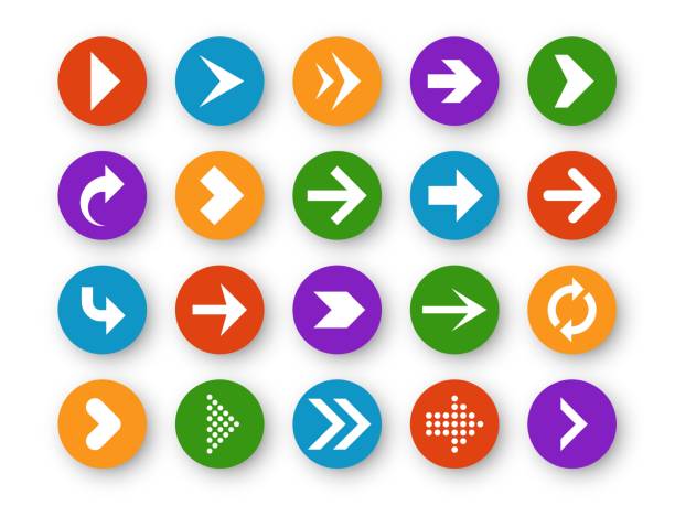 Arrows set. Arrow icons down direction up pointer sign next right left cursor black web interface navigation flat, vector collection Arrows button. Arrow icon up next back down left website play navigation cursor app interface upload page arrowheads, color vector circle buttons back button stock illustrations