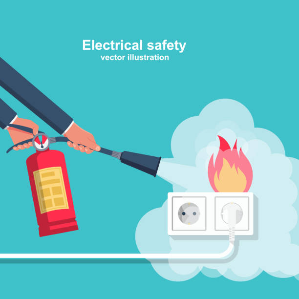 Extinguish fire wiring in home. Extinguish fire wiring in home. Socket and plug on fire from overload. Electrical safety concept. Vector illustration flat design. Fireman hold in hand fire extinguisher. Protection from flame. extinguishing stock illustrations