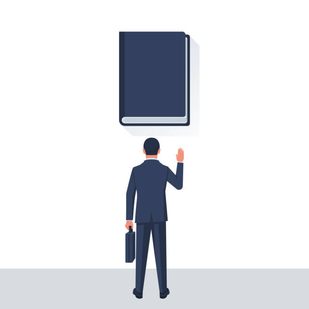 Businessman taking oath Businessman taking oath. An honest and reliable person takes an oath against the background of the Bible. Vector illustration flat design. Successful young man. book dedication stock illustrations