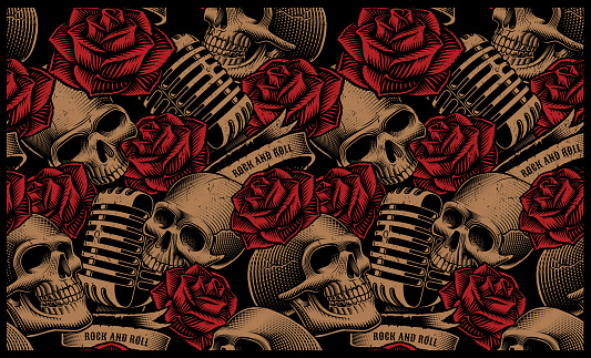 Seamless pattern with skulls, microphones and roses on the dark background.