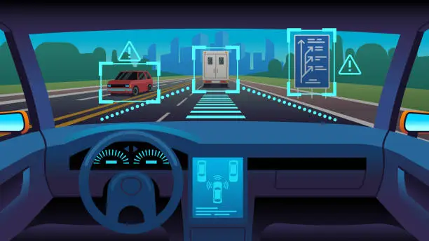 Vector illustration of Future autonomous vehicle. Driverless car interior futuristic autonomous autopilot sensor system gps road, cartoon vector concept