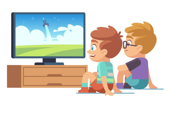 illustrazioni stock, clip art, cartoni animati e icone di tendenza di i bambini guardano la tv. bambini film casa ragazzo ragazza guarda televisore che mostra immagine schermo carattere elettrico monitor cartoon vector concept - little boys television watching the media