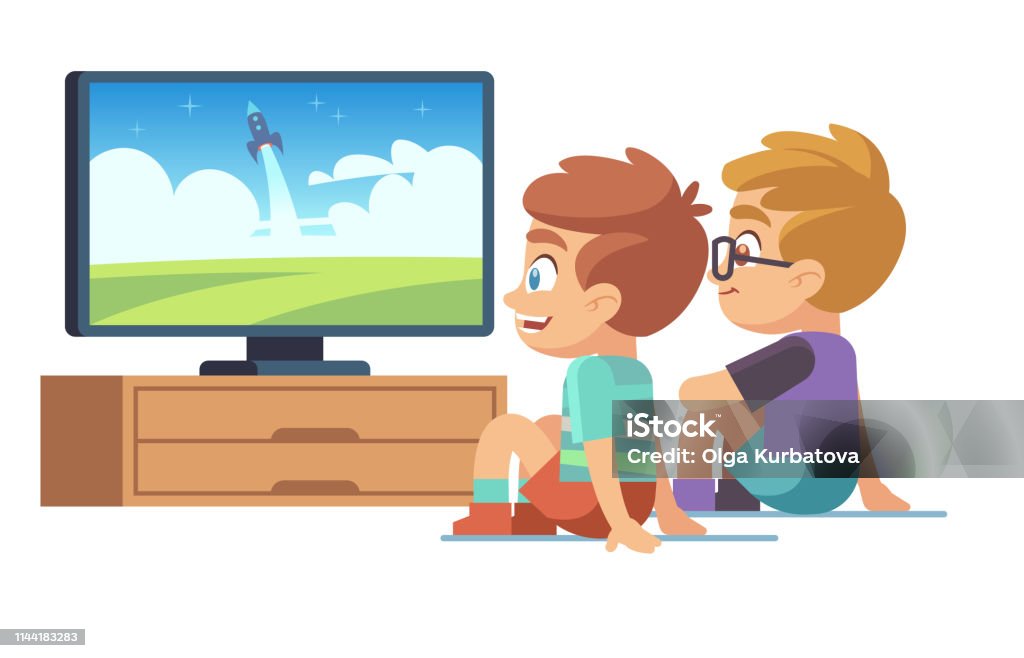 Kids watch tv. Children movie home boy girl watches tv set displaying picture screen character electric monitor cartoon vector concept Kids watch tv. Children movie home little boy girl watches tv set displaying picture screen character electric monitor cartoon vector concept Television Industry stock vector