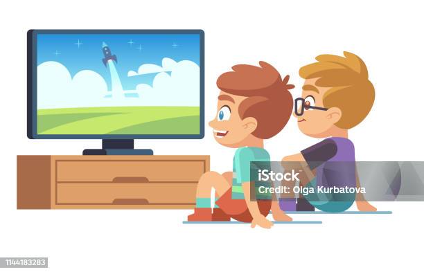 Kids Watch Tv Children Movie Home Boy Girl Watches Tv Set Displaying Picture Screen Character Electric Monitor Cartoon Vector Concept Stock Illustration - Download Image Now