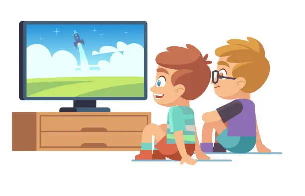 Vector illustration of Kids watch tv. Children movie home boy girl watches tv set displaying picture screen character electric monitor cartoon vector concept