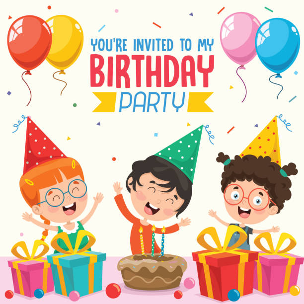 illustrazioni stock, clip art, cartoni animati e icone di tendenza di illustrazione vettoriale del design del biglietto d'invito per feste di compleanno per bambini - birthday child celebration party