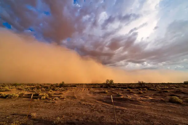 A dramatic Haboob dust storm surges across the desert near Phoenix, Arizona, USA.