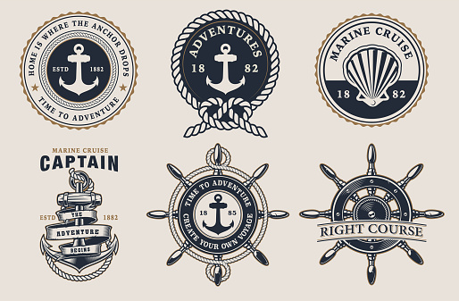 Set of nautical badges with steering wheel, anchor, seashell on a dark background. The text for each badge is on a separate group.