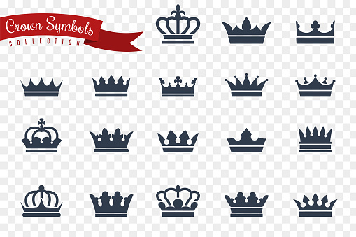Crown symbols. King queen crowns monarch imperial coronation princess tiara crest luxury royal jewel winner award flat crowns, vector medieval silhouette icons