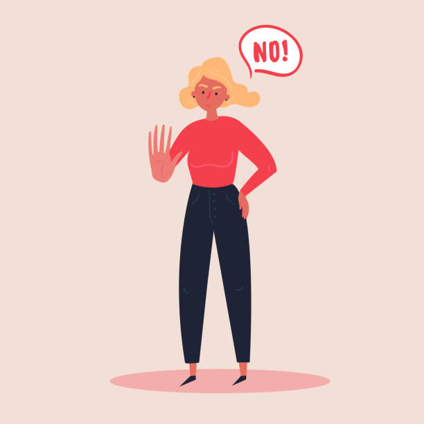Blond woman expressing denial NO with her hand Blond woman expressing denial NO wtih her hand and in the speech bubble. Stop domestoc violence and crime against females. No means no concept, stop here. Vector flat illustration, banners and posters stop sign illustrations stock illustrations