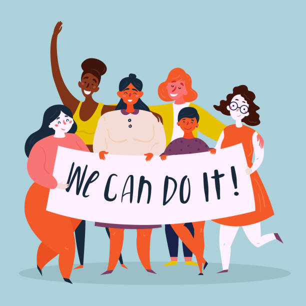 Diverse international and interracial group of young women holds We Can Do It retro poster. Strong women, girl power, empowerment concept. Female power, woman rights, protest, feminism. Vector flat