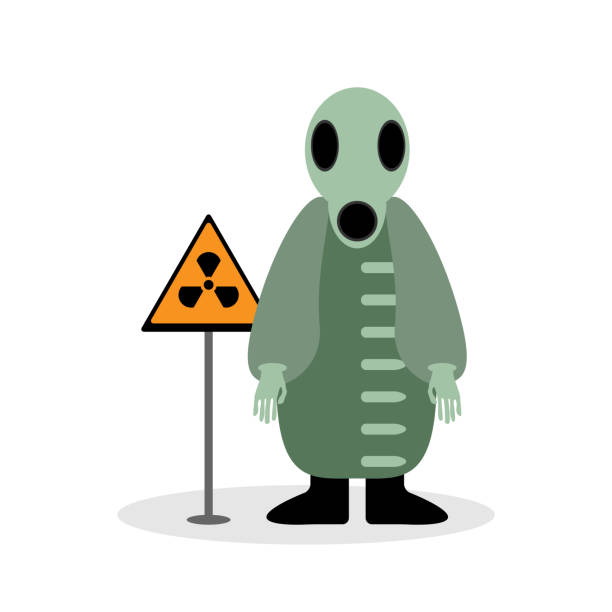 방사선의 소송에서 남자, 화학, 생물학적 보호 및 방사선의 표시. 벡터 일러스트 - radiation protection suit biology danger biochemical warfare stock illustrations