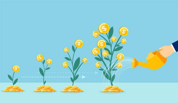 Vector of a business man hand with pot watering profitable money tree Business growth concept. Vector of a business man hand with pot watering profitable money tree 401k money stock illustrations