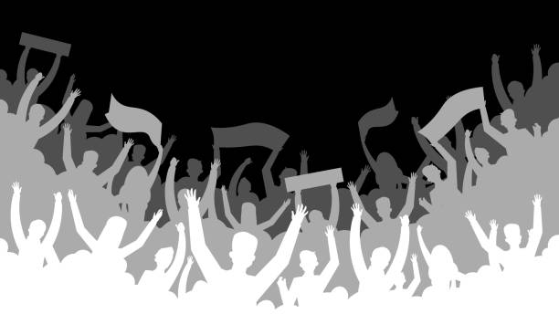 Crowd silhouette background. Soccer fan people baseball basketball football handball hockey audience tribune. Vector concert banner Crowd silhouette background. Soccer fan people baseball basketball football handball hockey audience tribune. Vector concert banner hall bleachers basketball crowd stock illustrations