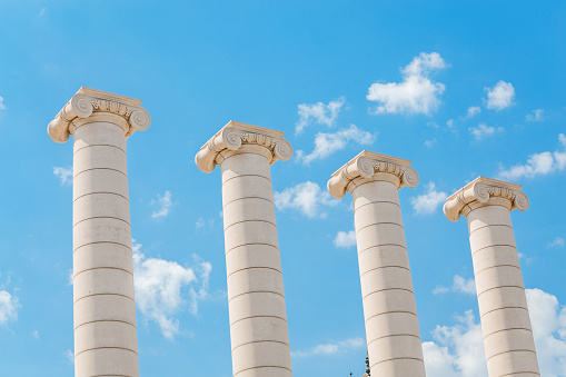 10 JULY 2018, BARCELONA, SPAIN: View of the Four Columns also known as Ionic columns on the square of Josep Puig i Cadafalch in Barcelona