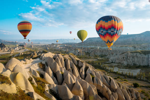 great tourist attraction of Cappadocia hot air balloon flight great tourist attraction of Cappadocia balloon flight. Cappadocia is one of the best places to fly with hot air balloons. Goreme, Cappadocia, Turkey. rock hoodoo stock pictures, royalty-free photos & images