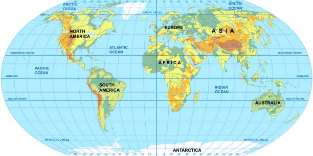 illustrations, cliparts, dessins animés et icônes de carte vectorielle du monde. océans et continents sur une projection plane. - zone équatoriale