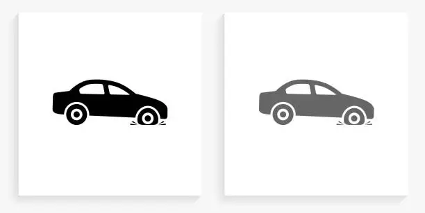 Vector illustration of Flat Tire Black and White Square Icon